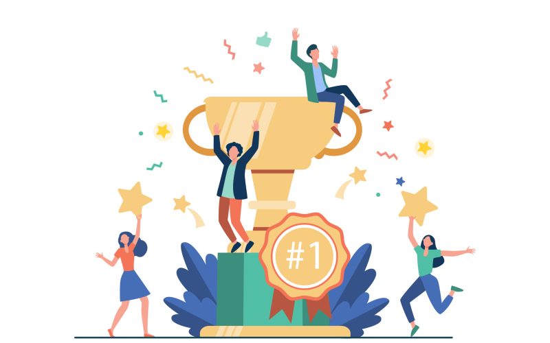 Team of happy employees winning award and celebrating success. Business people enjoying victory, getting gold cup trophy. Vector illustration for reward, prize, champions concepts